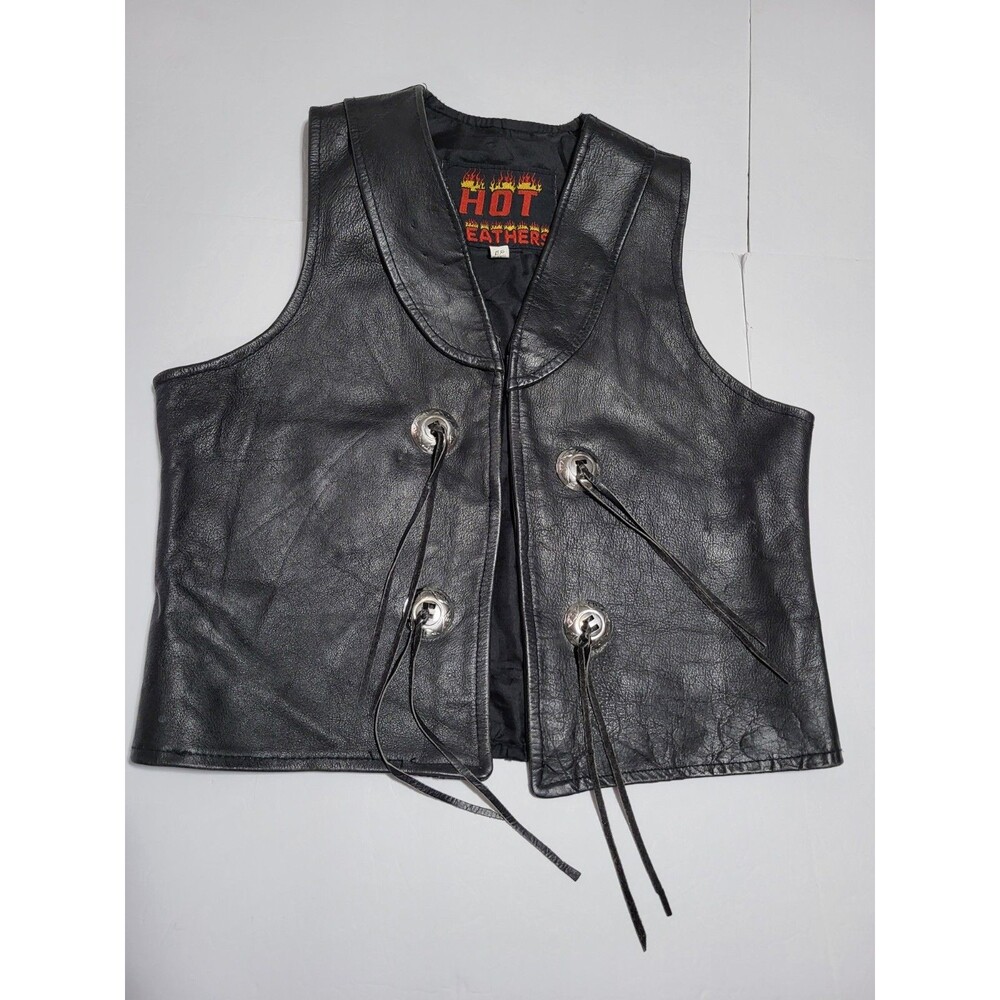 (#AA)Vintage Hot Leathers Y2k Fringe Black Leather Women Motorcycle Vest Medium